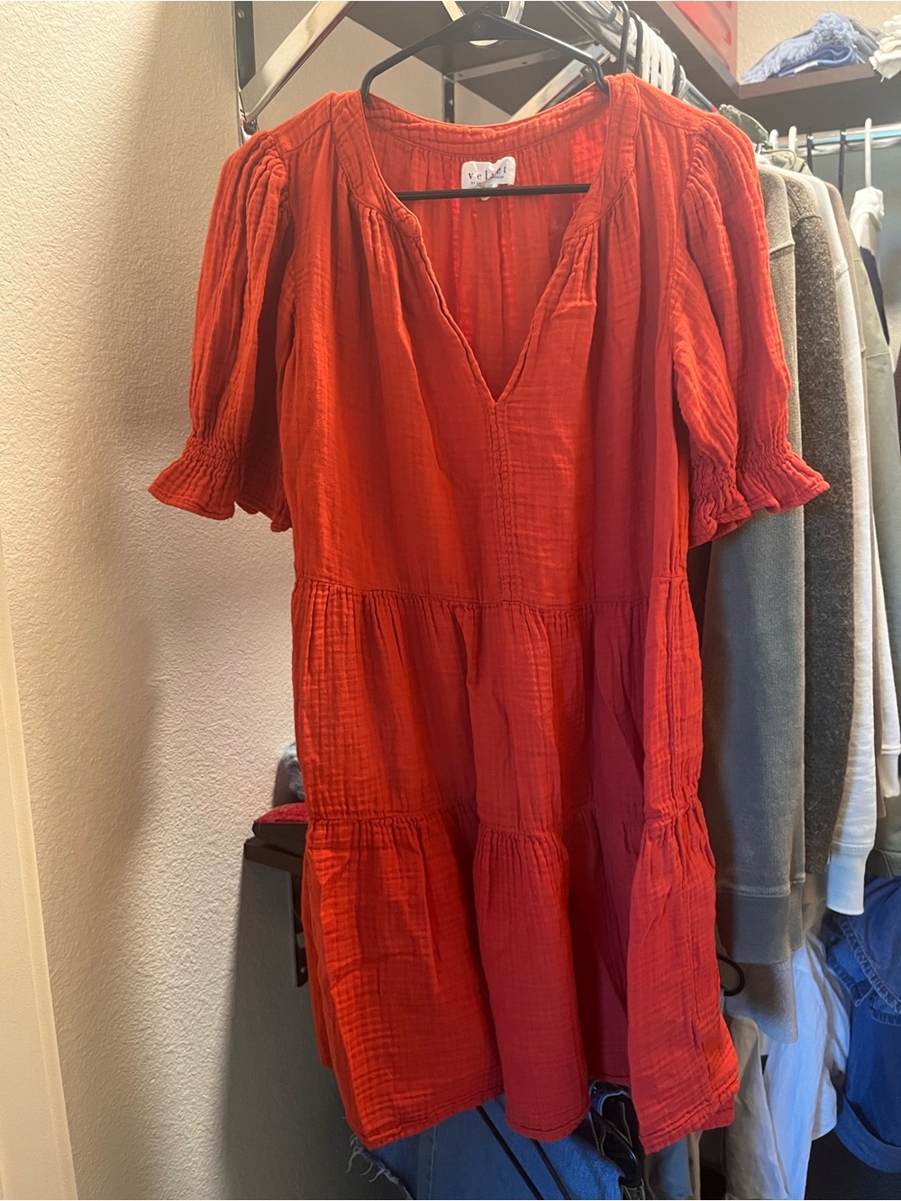 Red Tiered Gauze Puff Sleeve Mini Dress, Velvet by Graham and Spencer, Small.